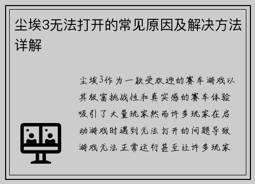 尘埃3无法打开的常见原因及解决方法详解